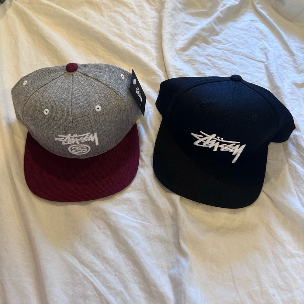 Stussy Gray and Black Caps with Red Brim